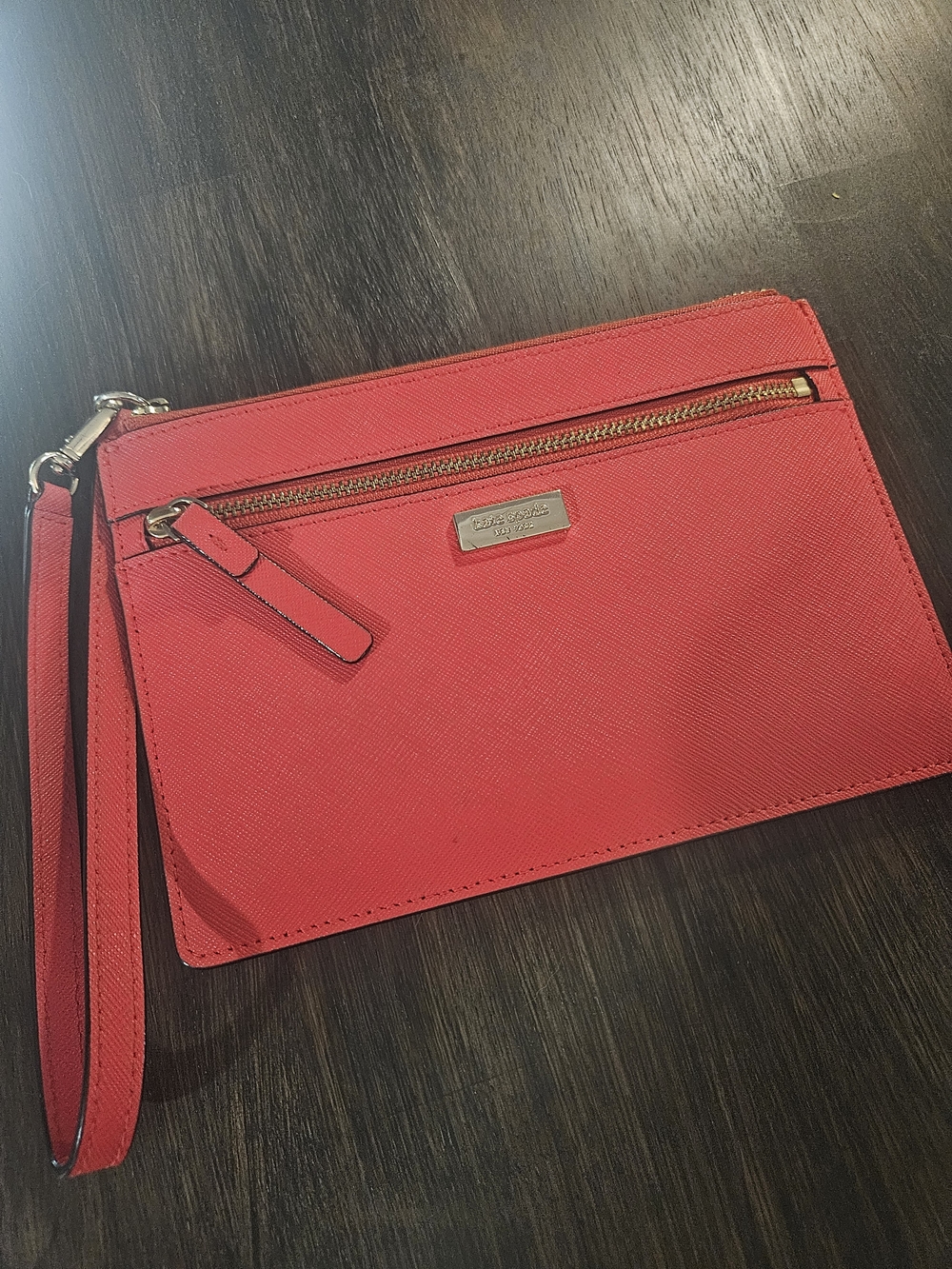 Kate spade coral-red Saffiano wristlet clutch with gold zipper